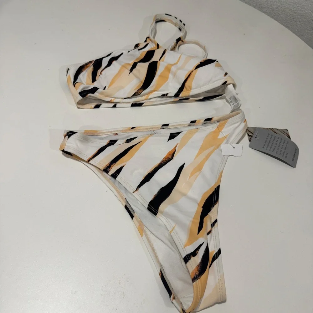 Nordstrom Rack Tiger Stripe One Shoulder Bikini Set Gold Hardware Small NEW